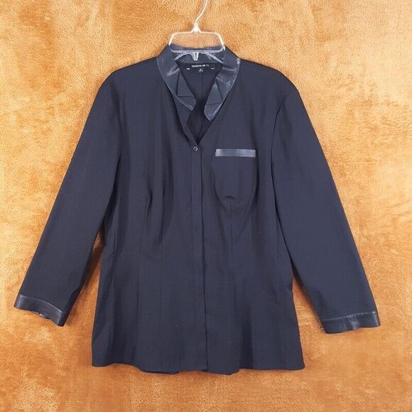 LAFAYETTE 148 Womens Top Size 6 Black Button Up Shirt Faux Leather Trim Stretch - Picture 1 of 11